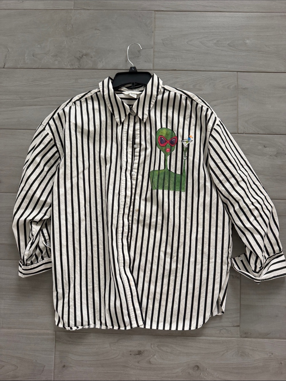 Vintage Black & White Striped Button-Down Shirt with Green Alien